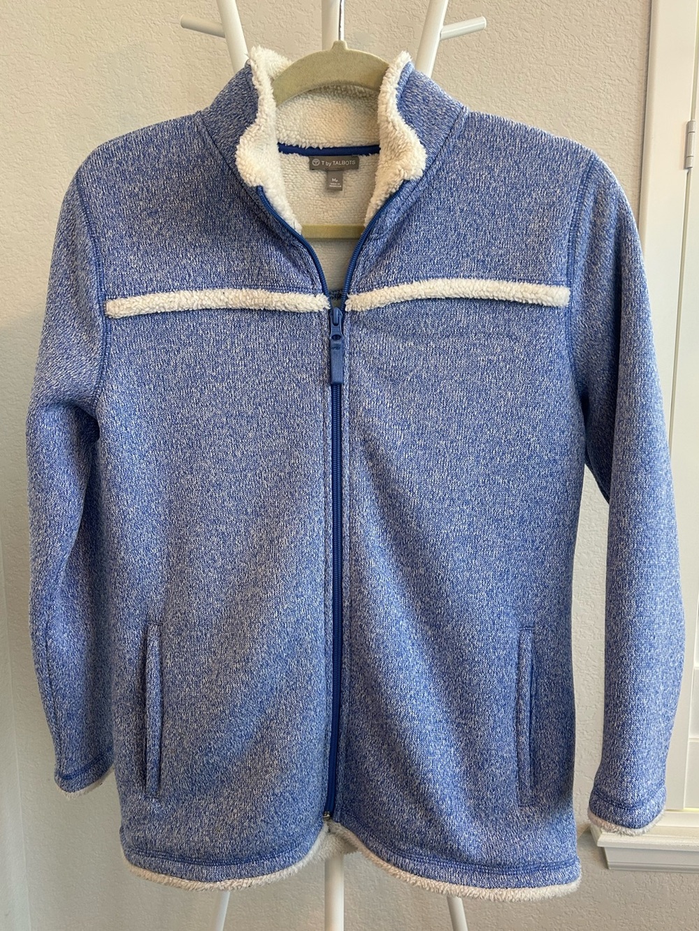T by Talbots Blue Heathered Sweater Fleece Full Zip Jacket, Sherpa Trim, M Pet